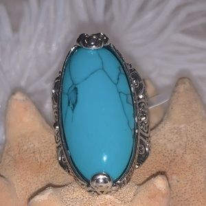 NWT Women Boho Vintage Oval Turquoise Antique Silver Plated Carving Ring